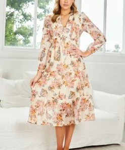 Into Fashion Vilma Dress - Beige Floral DRESSES