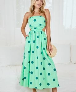 Pink Diamond Delany Dress - Green Polka