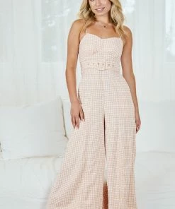 Desire Amarie Jumpsuit - Beige Gingham CLOTHING