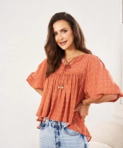 Rock Denim CLOTHING Frida Top - Rust Print