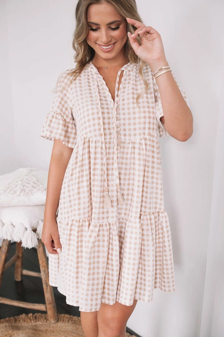 WeLove Fashion Deserae Dress - Beige Gingham 3 WeLove Fashion Deserae Dress - Beige Gingham