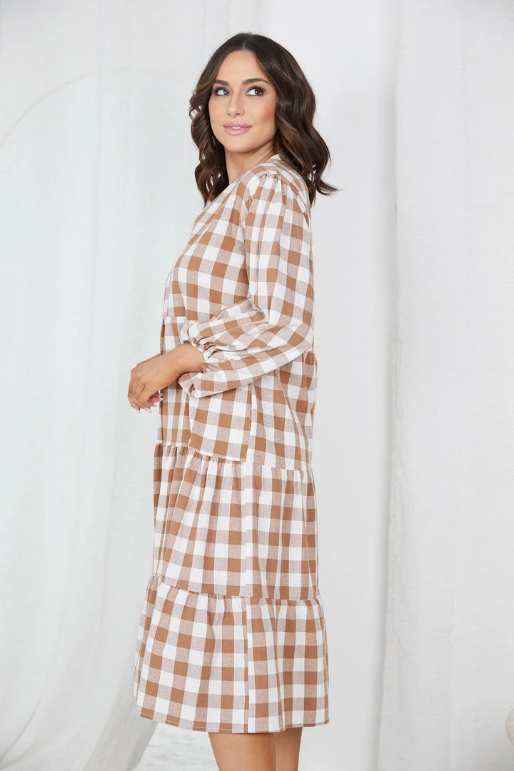 Miracle Fashion Adenique Dress - Tan Gingham 5 Miracle Fashion Adenique Dress - Tan Gingham