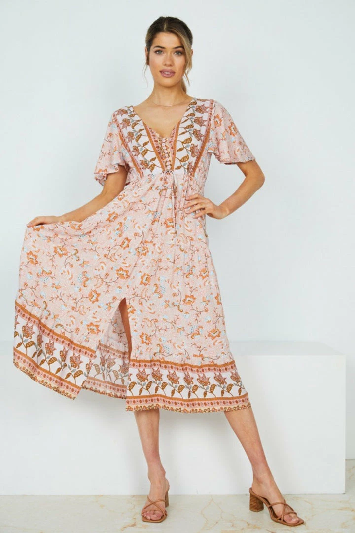 HQ Fashion Cadena Dress - Peach Print DRESSES 3 HQ Fashion Cadena Dress - Peach Print DRESSES