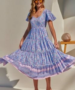 Jaase Cranberry Maxi Dress - Blue Flamingo Print DRESSES