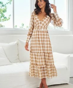 Wild Ginger Jaida Dress - Beige Gingham DRESSES