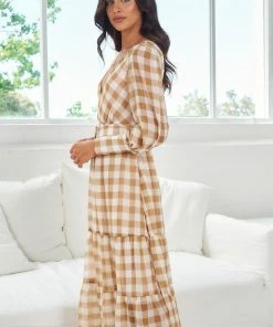 Wild Ginger Jaida Dress - Beige Gingham DRESSES
