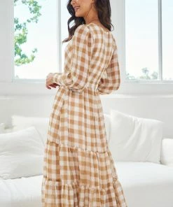 Wild Ginger Jaida Dress - Beige Gingham DRESSES