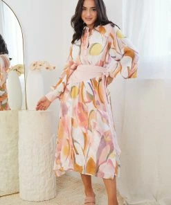 Wild Ginger Delfinia Dress - Blush Print Midi Dresses