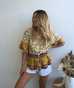 Pink Diamond CLOTHING Domo Top - Yellow Print 7 Pink Diamond CLOTHING Domo Top - Yellow Print