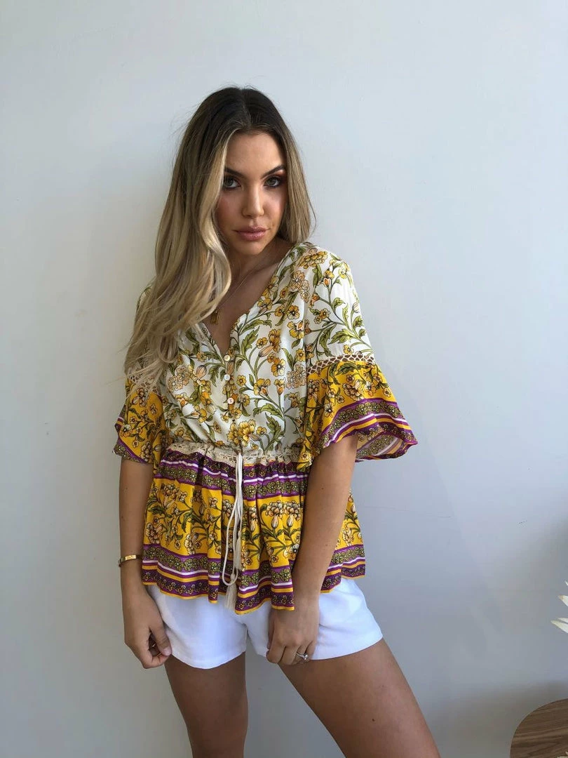 Pink Diamond CLOTHING Domo Top - Yellow Print 3 Pink Diamond CLOTHING Domo Top - Yellow Print