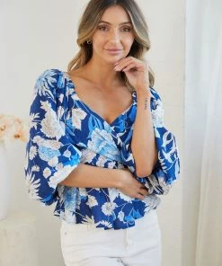 White Closet Gerina Top - Blue Floral CLOTHING