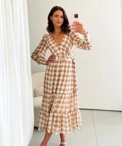 Wild Ginger Jaida Dress - Beige Gingham DRESSES