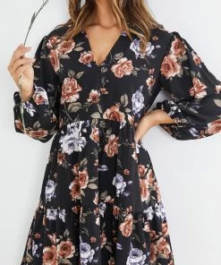 Miracle Fashion DRESSES Magdaleine Dress - Black Floral