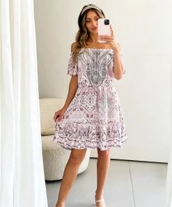 CSA (Lorraine Designs) Mahoa Dress - Pink Print DRESSES 12 CSA (Lorraine Designs) Mahoa Dress - Pink Print DRESSES