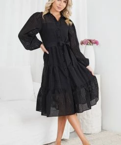 Sunny Girl Notepad Long Sleeve Dress - Black Casual Dresses