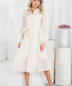 Sunny Girl Notepad Long Sleeve Dress - Cream