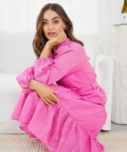 Sunny Girl Casual Dresses Notepad Long Sleeve Dress - Pink