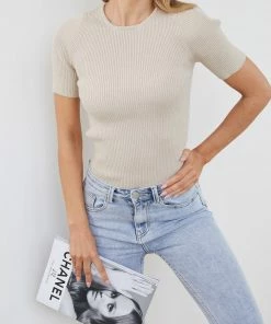 White Closet Phaellix Knit Top - Oatmeal CLOTHING