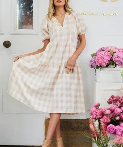 Into Fashion Shasta Dress - Beige Gingham DRESSES