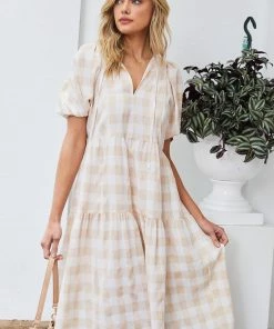 Into Fashion Shasta Dress - Beige Gingham DRESSES