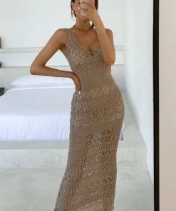 SNDYS DRESSES Shona Crochet Maxi Dress - Taupe